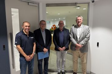 Left–right: Thiess General Manager Mining – Australia West Tim Abrahams, Yilgarn Iron Director David Paull and Managing Director Fergus Campbell, Thiess Group Executive – Australia West David Greig at the contract signing